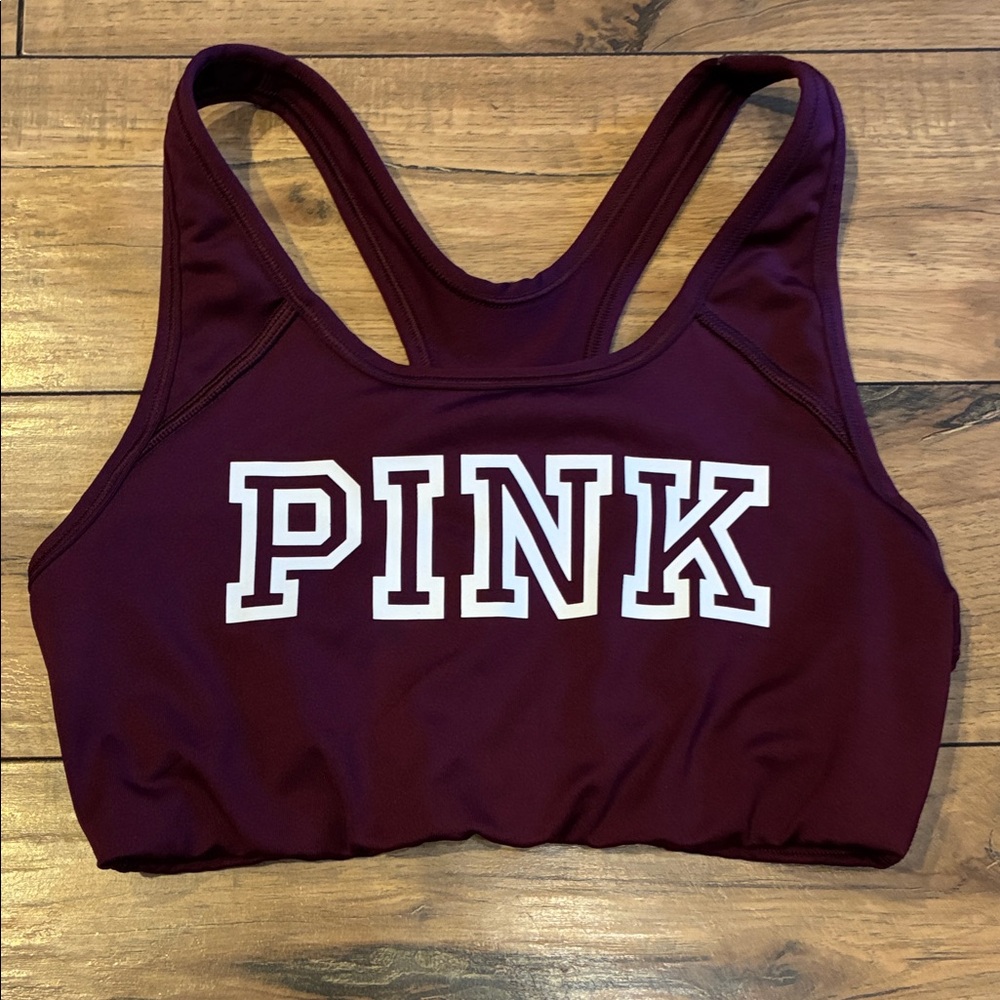 PINK Victoria's Secret Burgundy Racerback Sports Bra with White Logo